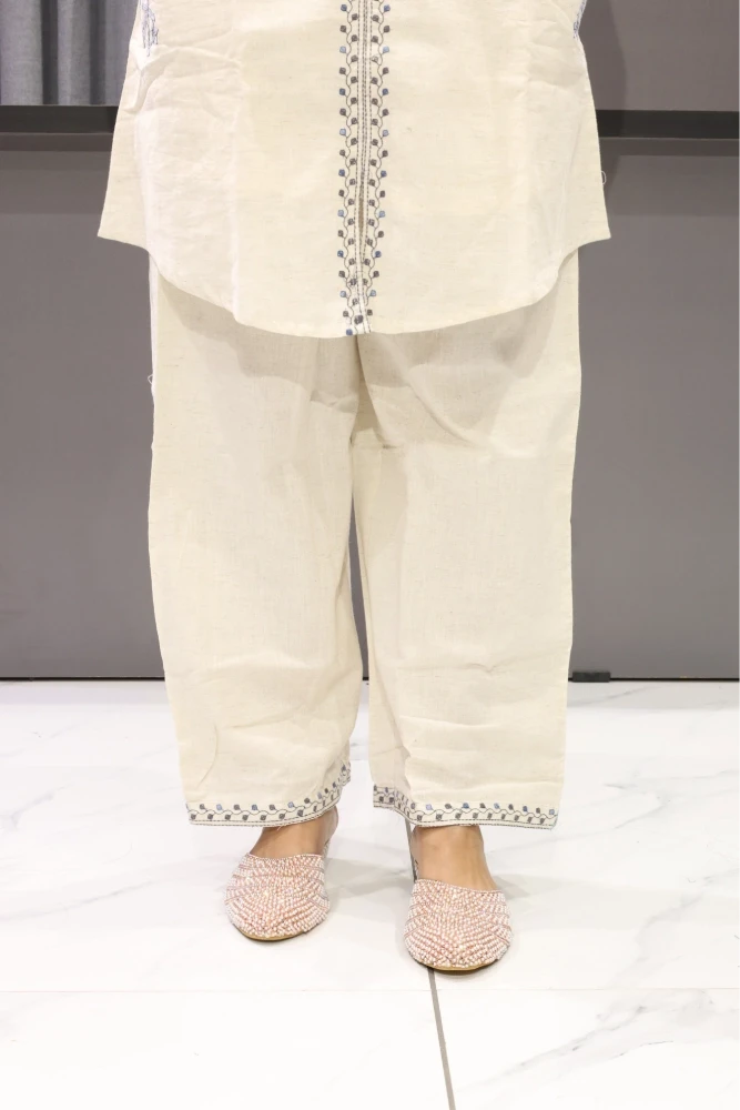 White Khadi Embroidery Work Cord Set