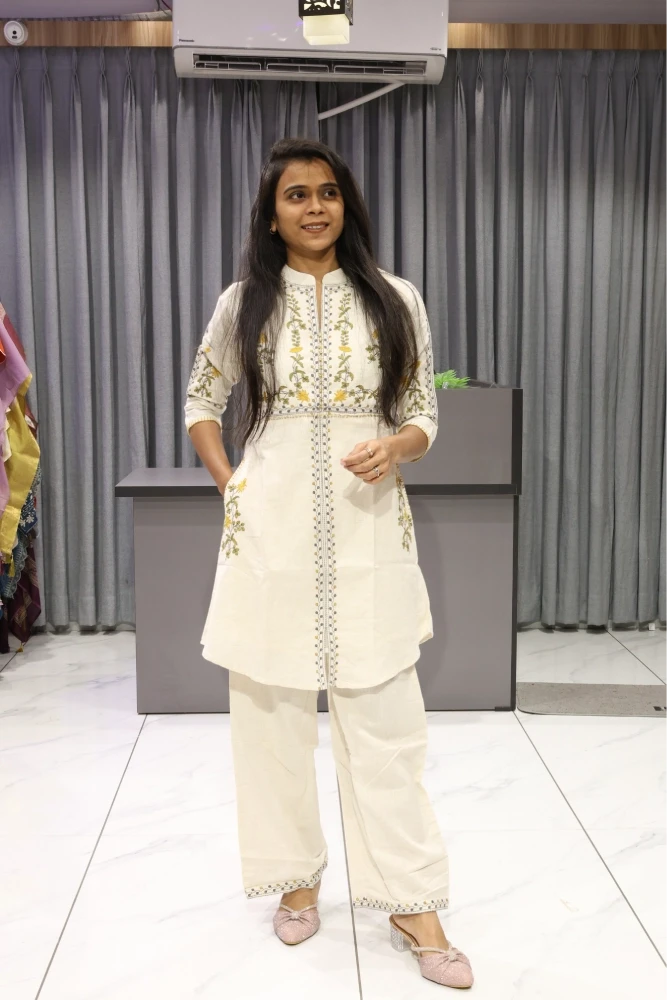 White Khadi Embroidery Work Cord Set