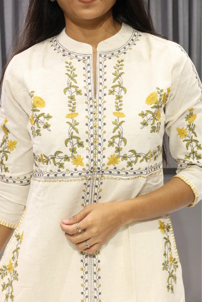 White Khadi Embroidery Work Cord Set