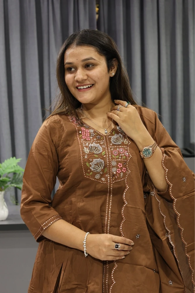 Lotus Work Cotton Short Kurti Plazzo Pair