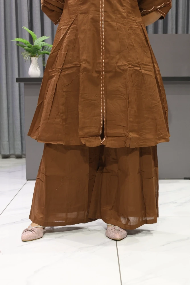 Lotus Work Cotton Short Kurti Plazzo Pair