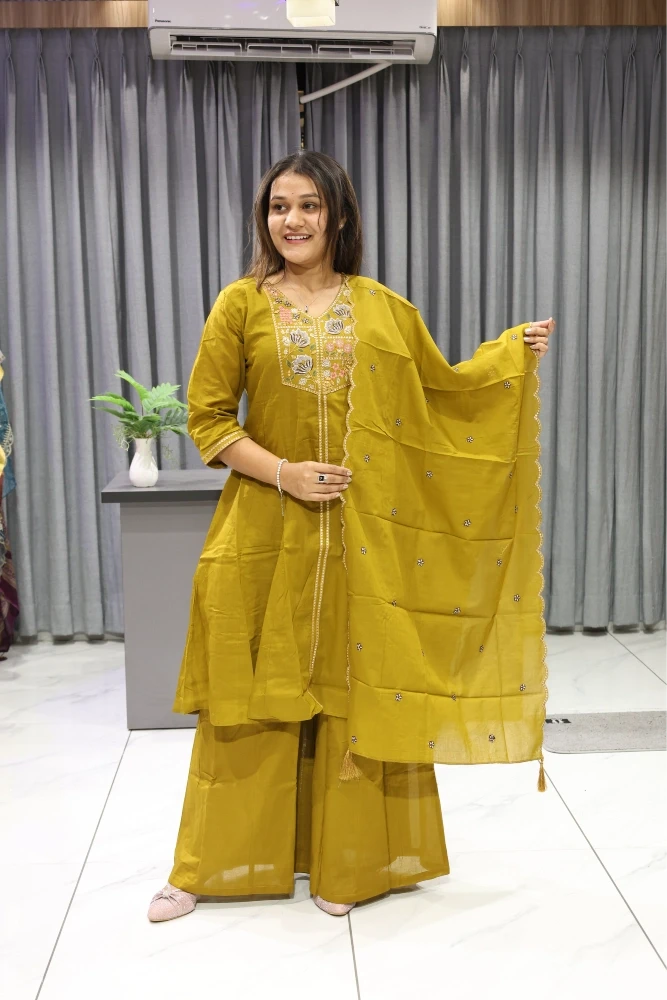 Lotus Work Cotton Short Kurti Plazzo Pair