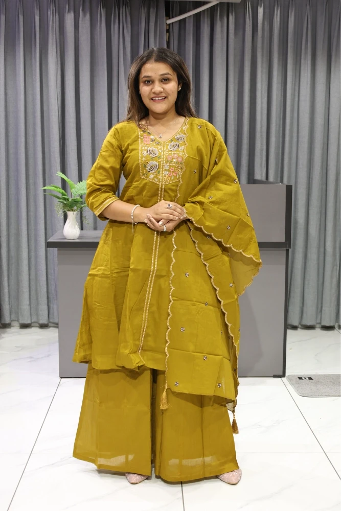 Lotus Work Cotton Short Kurti Plazzo Pair