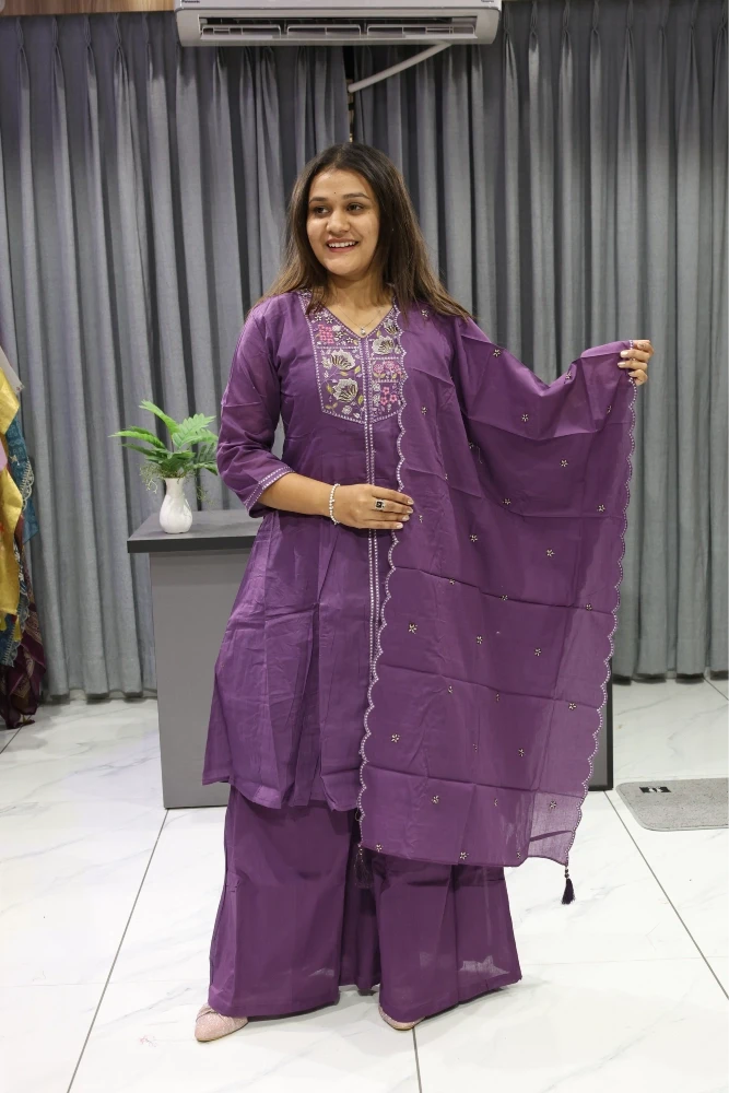 Lotus Work Cotton Short Kurti Plazzo Pair