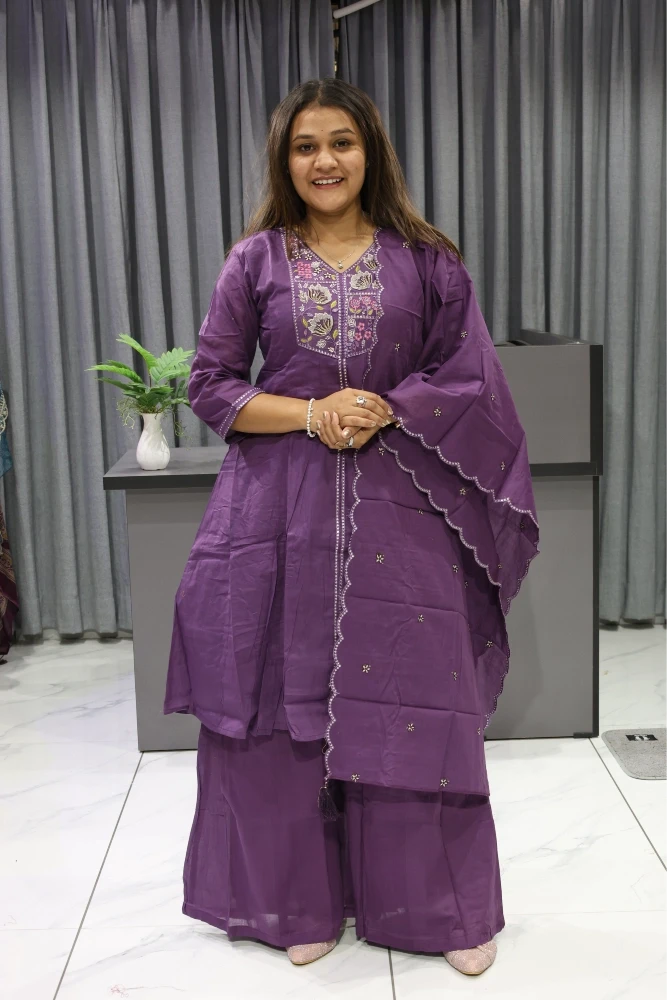 Lotus Work Cotton Short Kurti Plazzo Pair