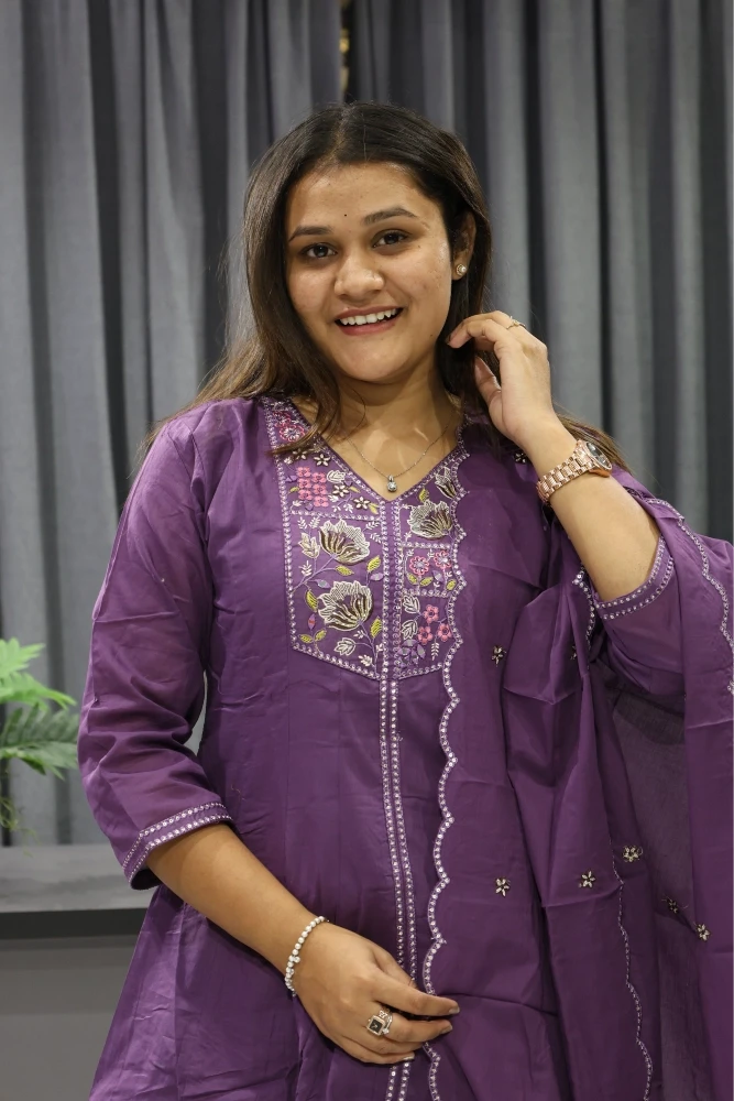 Lotus Work Cotton Short Kurti Plazzo Pair