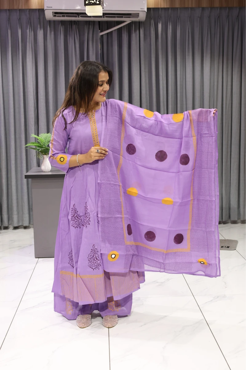 Block Print With Mirror work Round Ghera Pair