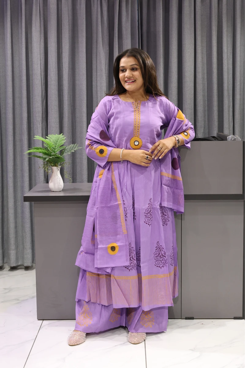 Block Print With Mirror work Round Ghera Pair