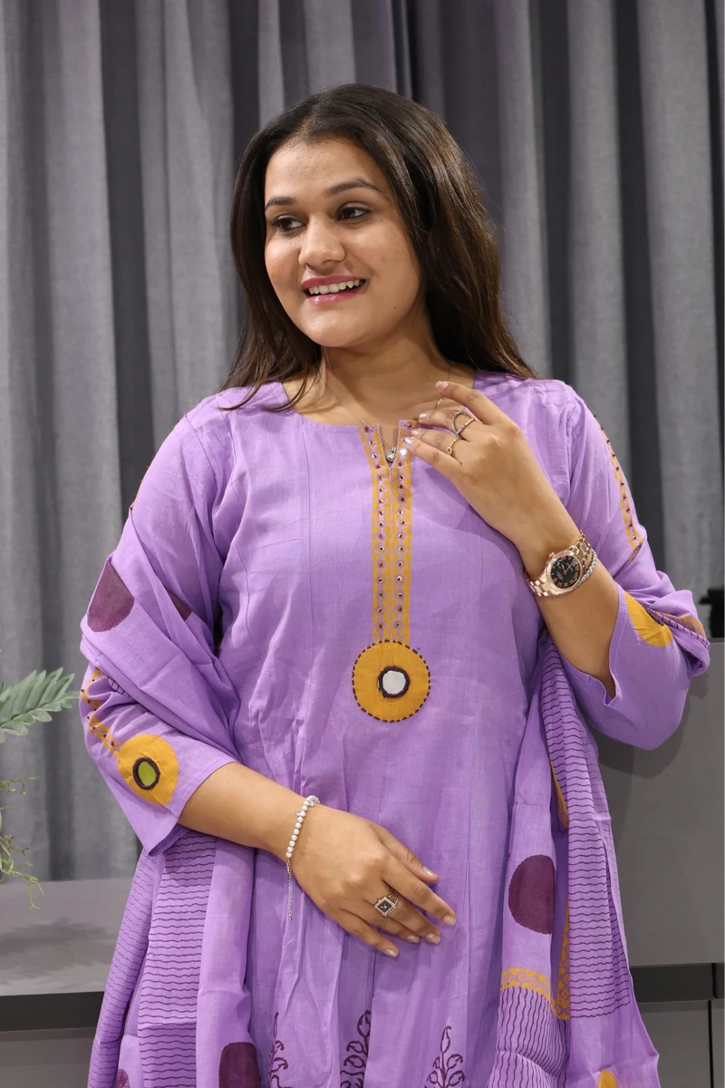 Block Print With Mirror work Round Ghera Pair