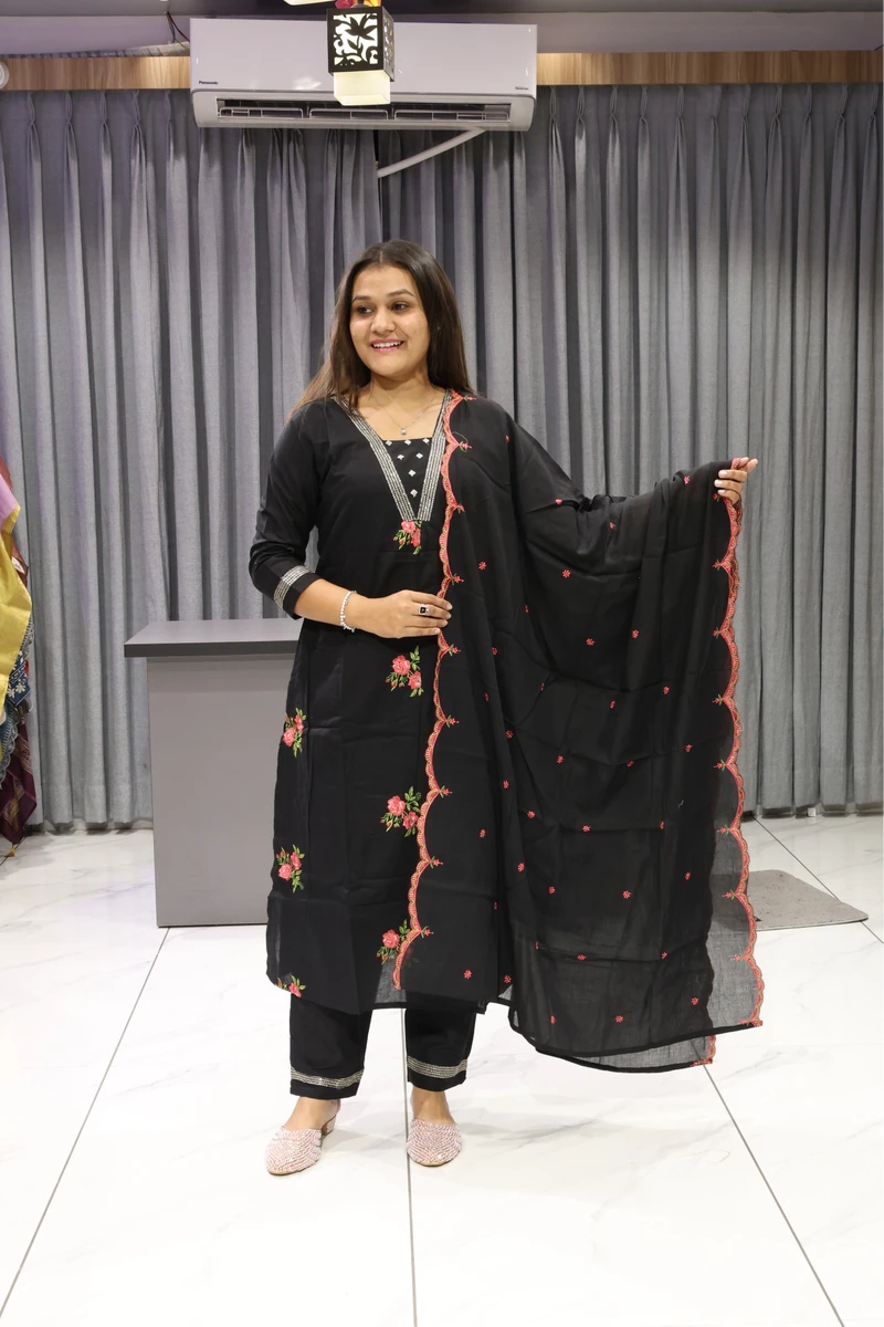 V Neck Duptta pair (Balck)