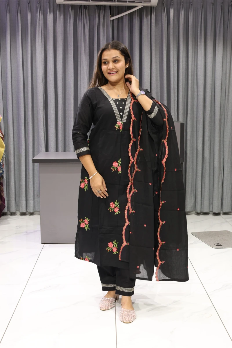 V Neck Duptta pair (Balck)