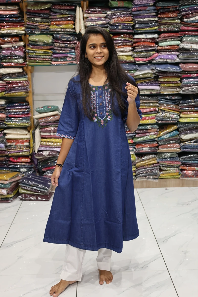 Pink and Mehndi Dhaga Work Denim Kurti