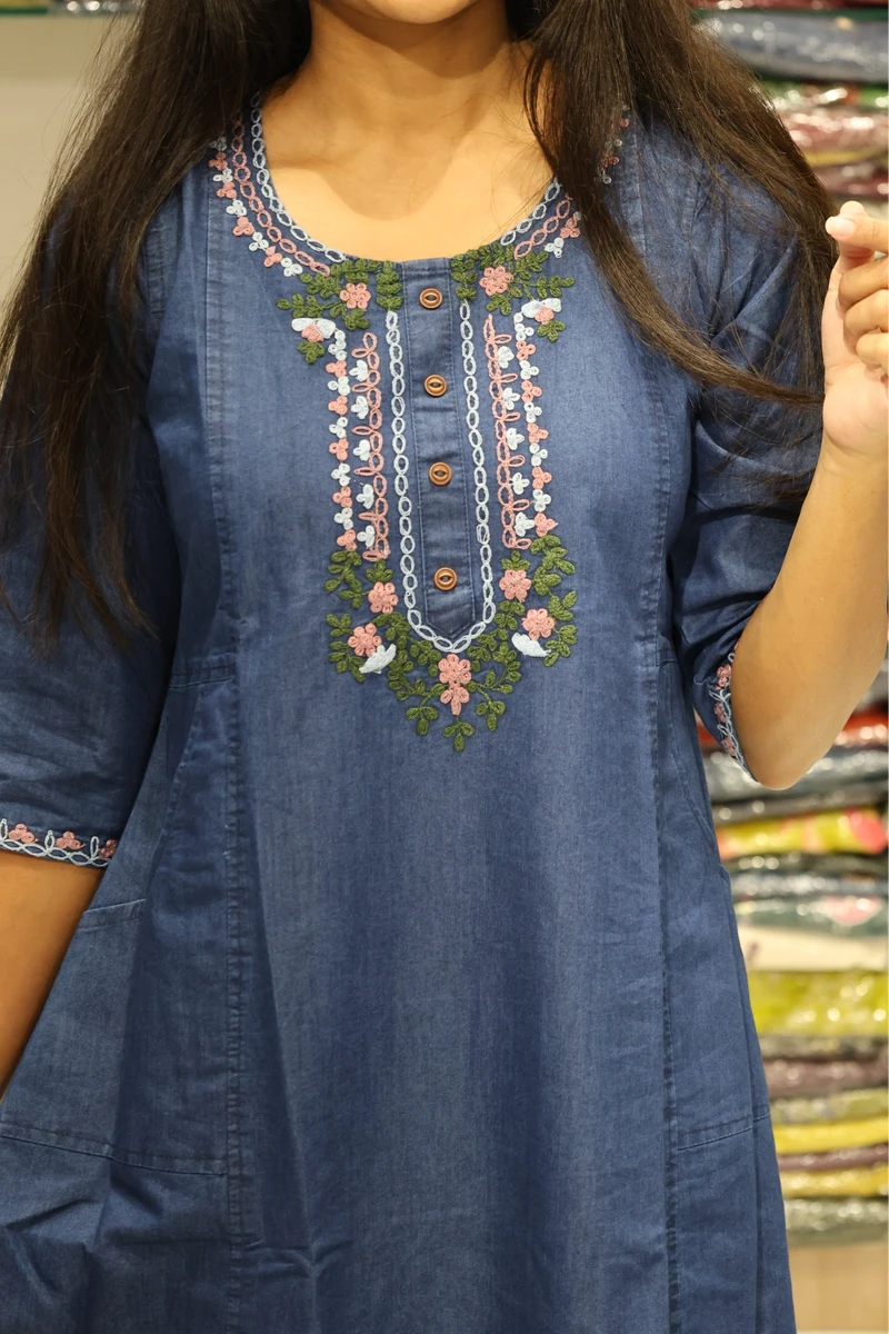 Pink and Mehndi Dhaga Work Denim Kurti