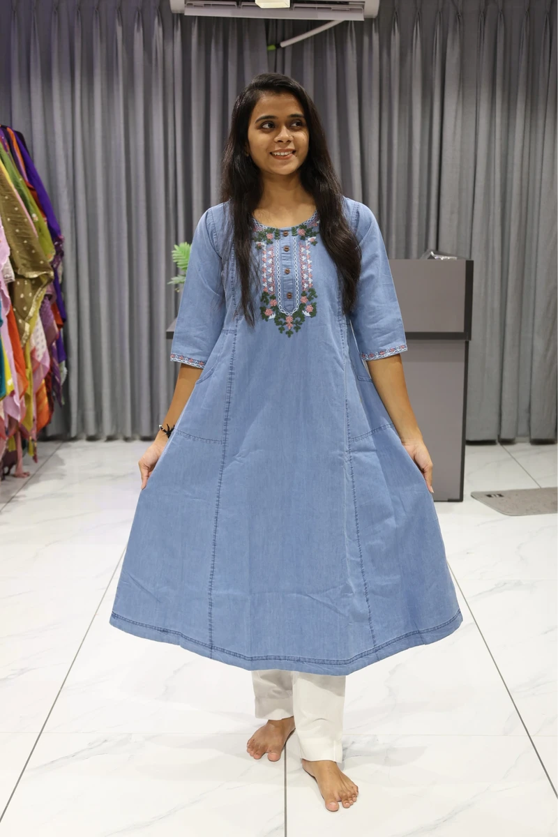 Pink and Mehndi Dhaga Work Denim Kurti