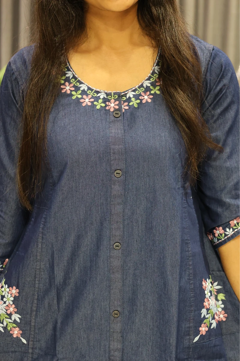 Neck & Poket Flower Work Kurti
