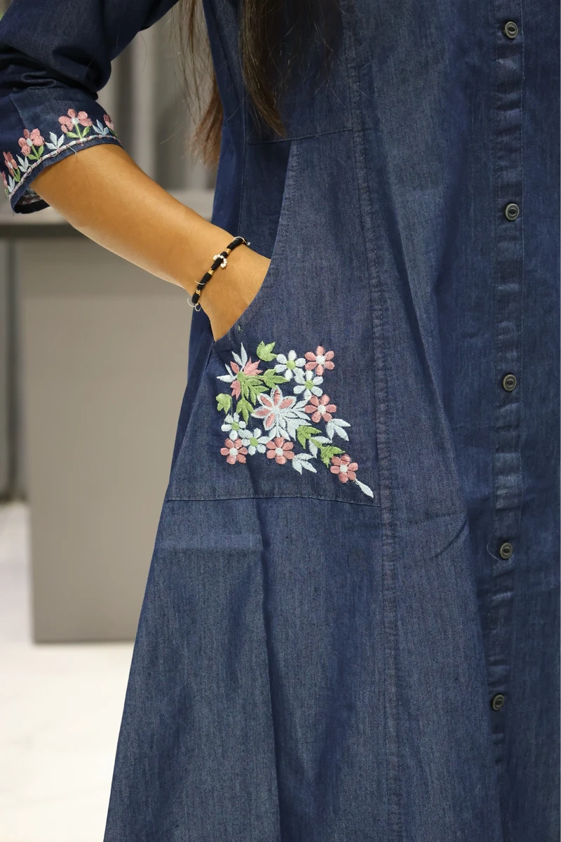 Neck & Poket Flower Work Kurti