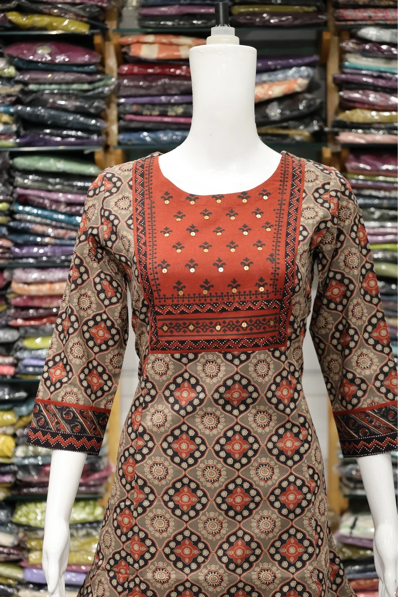 Printed Neck Work Aline Cut Kurti