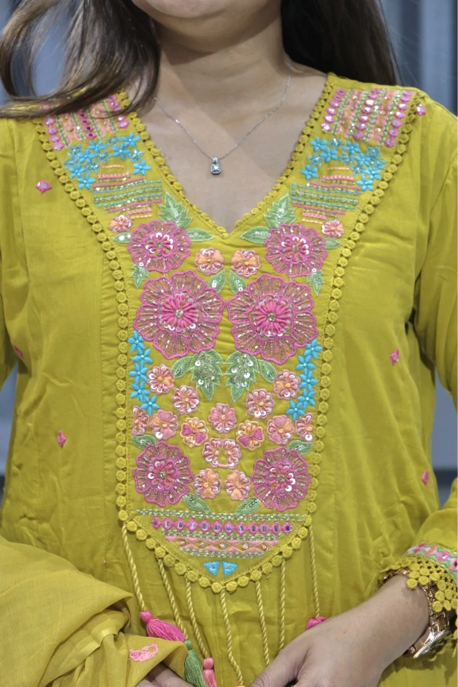 Flower Embroidery Work With Hand Work Duptta Pair