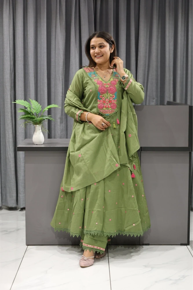 Flower Embroidery Work With Hand Work Duptta Pair