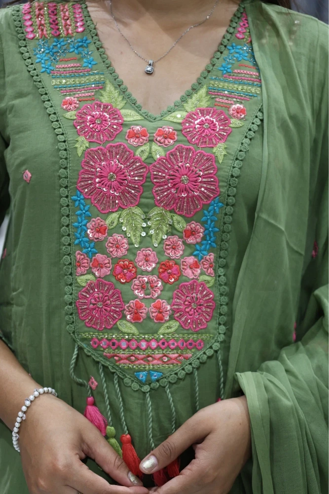 Flower Embroidery Work With Hand Work Duptta Pair