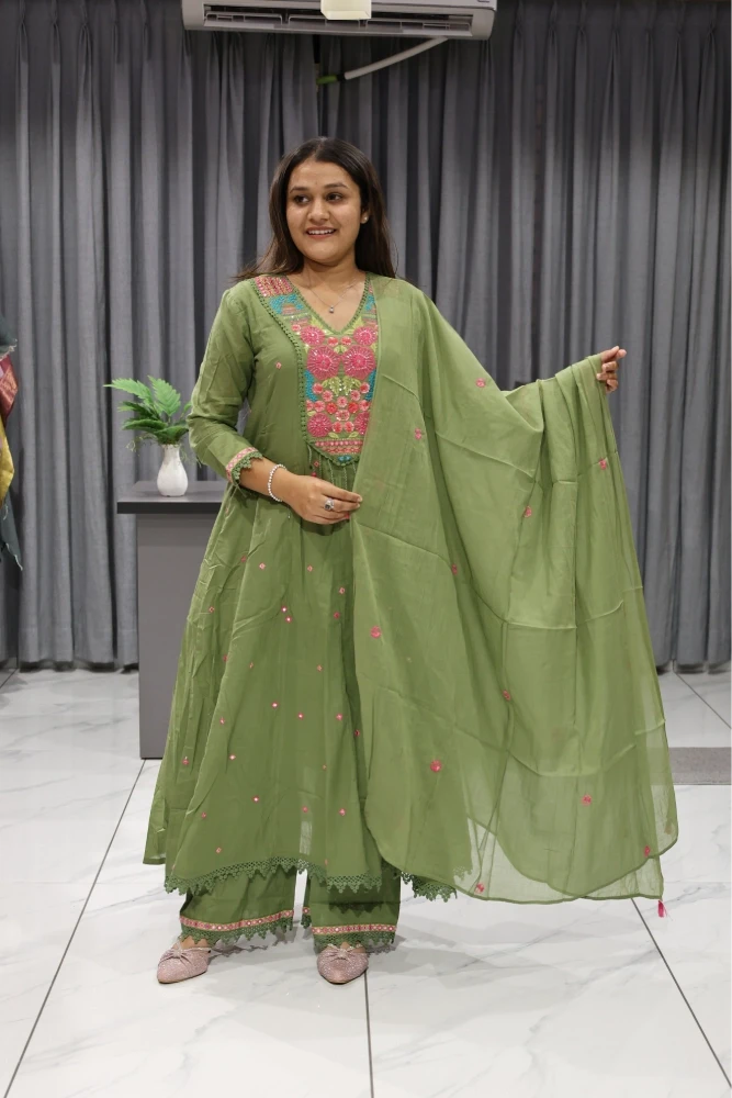 Flower Embroidery Work With Hand Work Duptta Pair