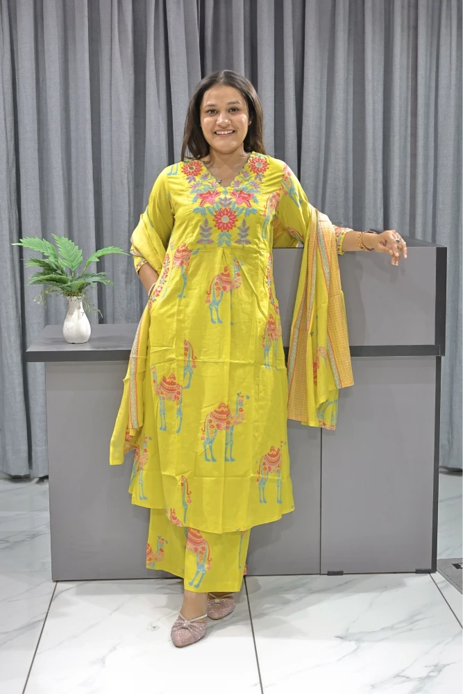 Camel print With Embroidery Work Duptta Pair