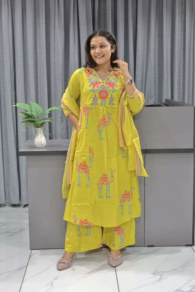 Camel print With Embroidery Work Duptta Pair