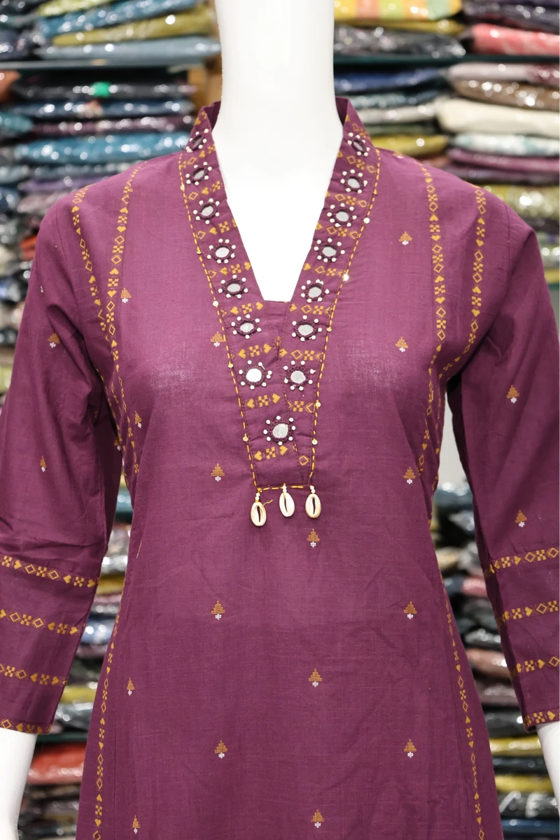 V Neck Mirror Work Plaza Pair