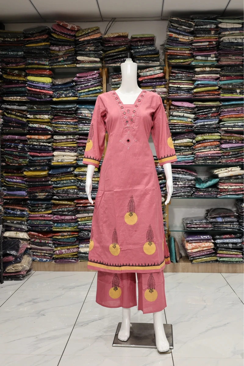 Neck Mirror Work With Daman Block Print Plaza Pair