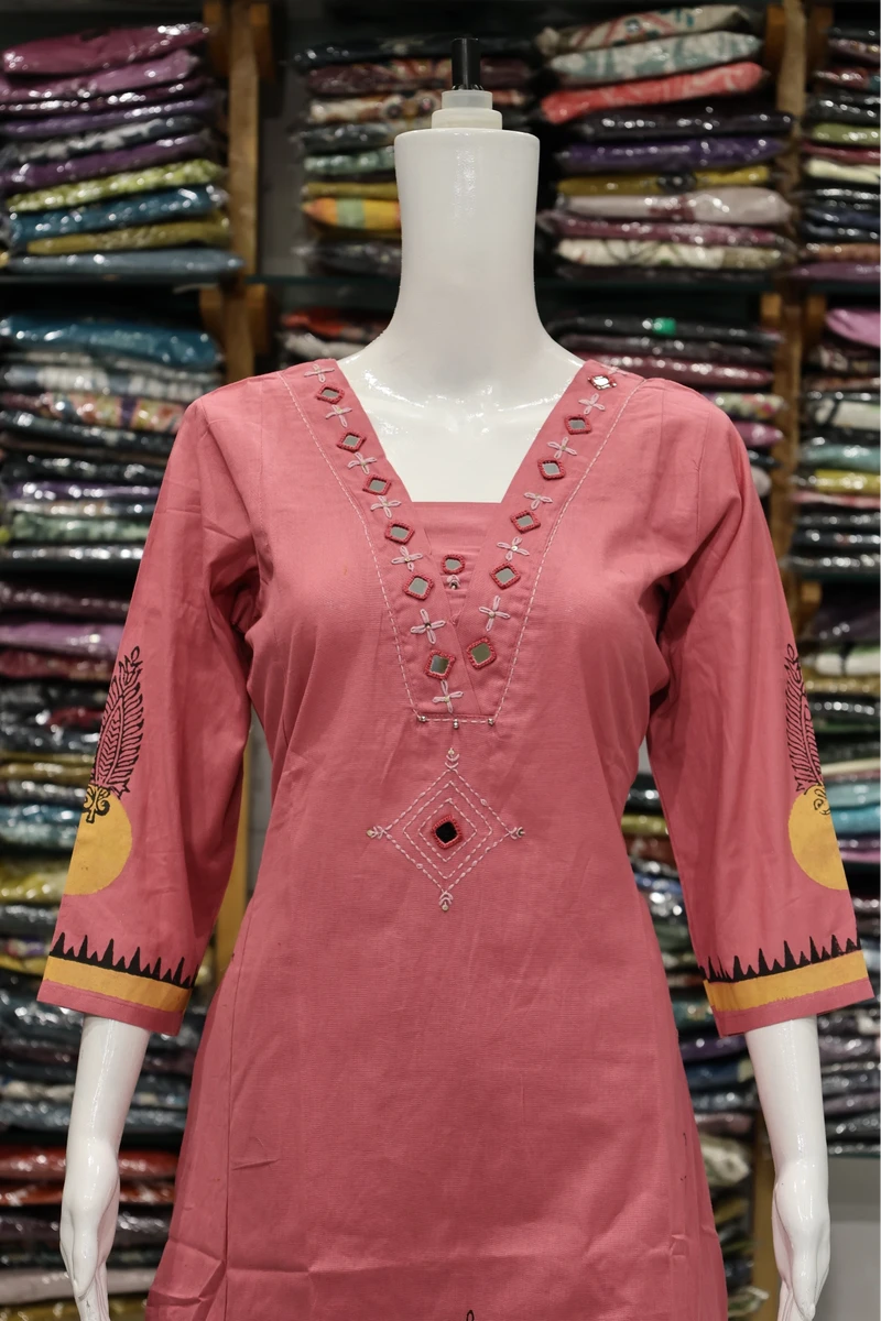 Neck Mirror Work With Daman Block Print Plaza Pair