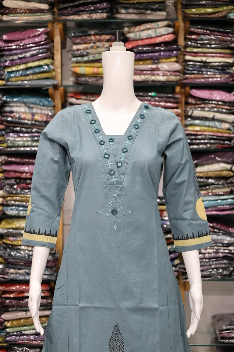 Neck Mirror Work With Daman Block Print Plaza Pair