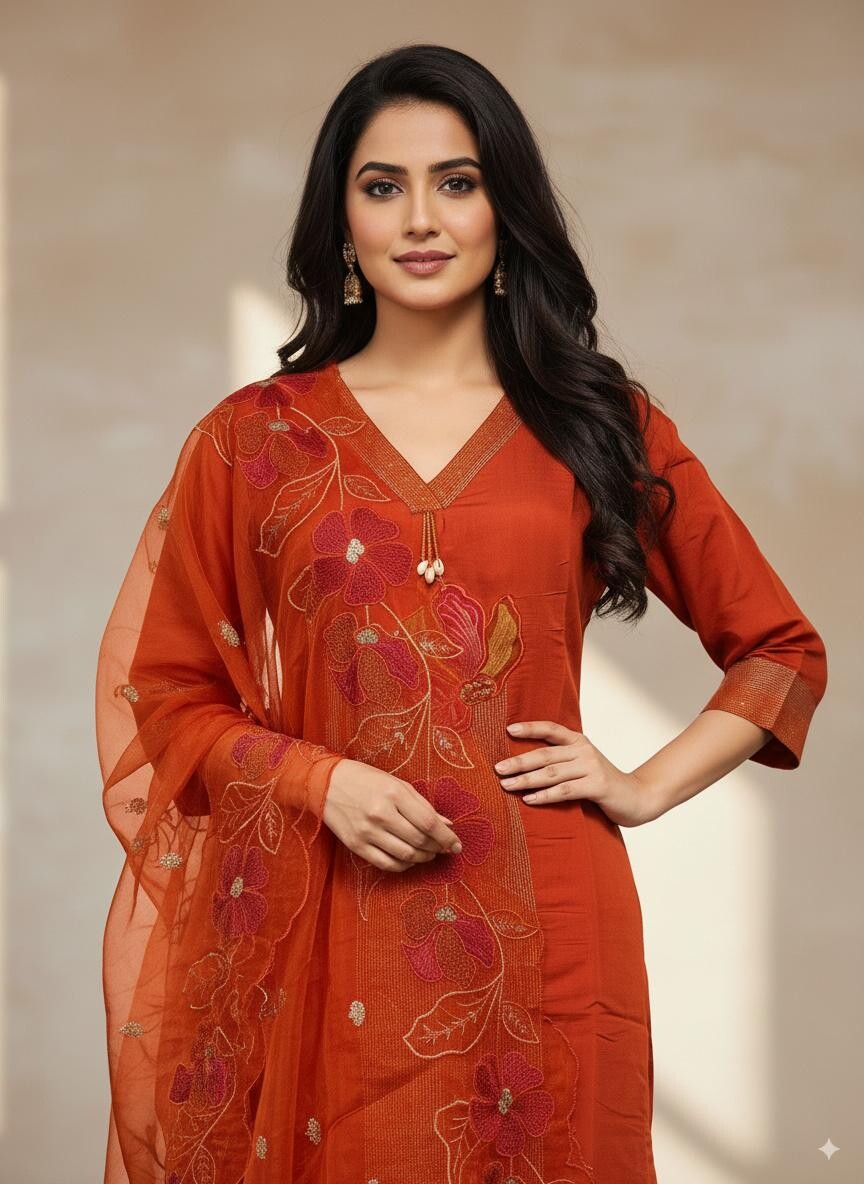 Stright Applique Work V Neck Pair