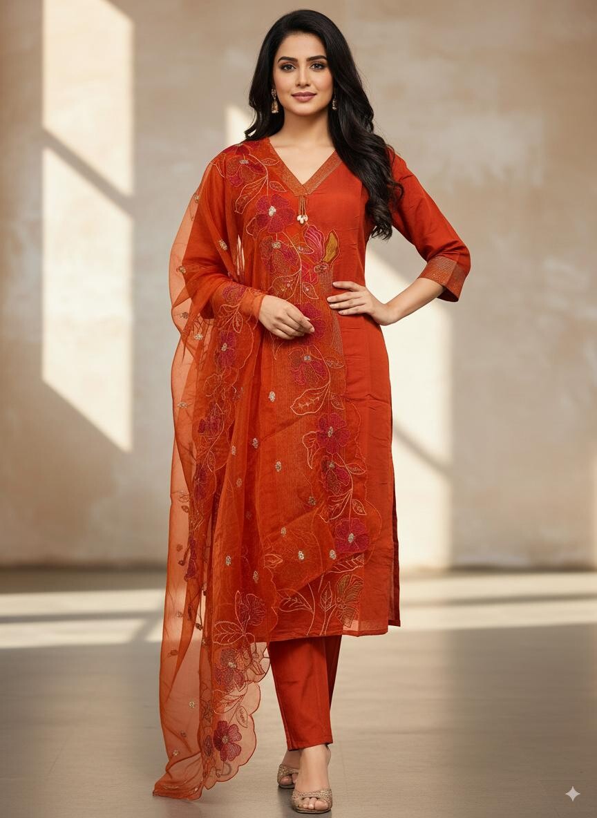 Stright Applique Work V Neck Pair