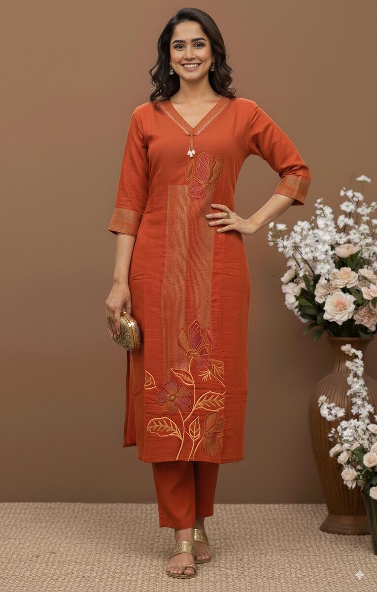 Stright Applique Work V Neck Pair