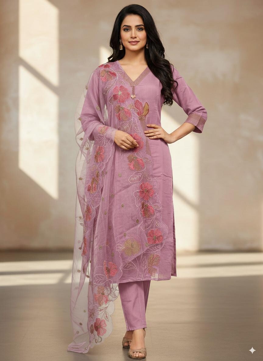 Stright Applique Work V Neck Pair