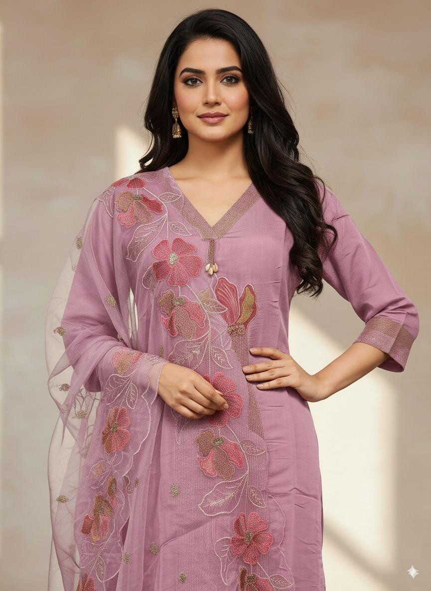 Stright Applique Work V Neck Pair