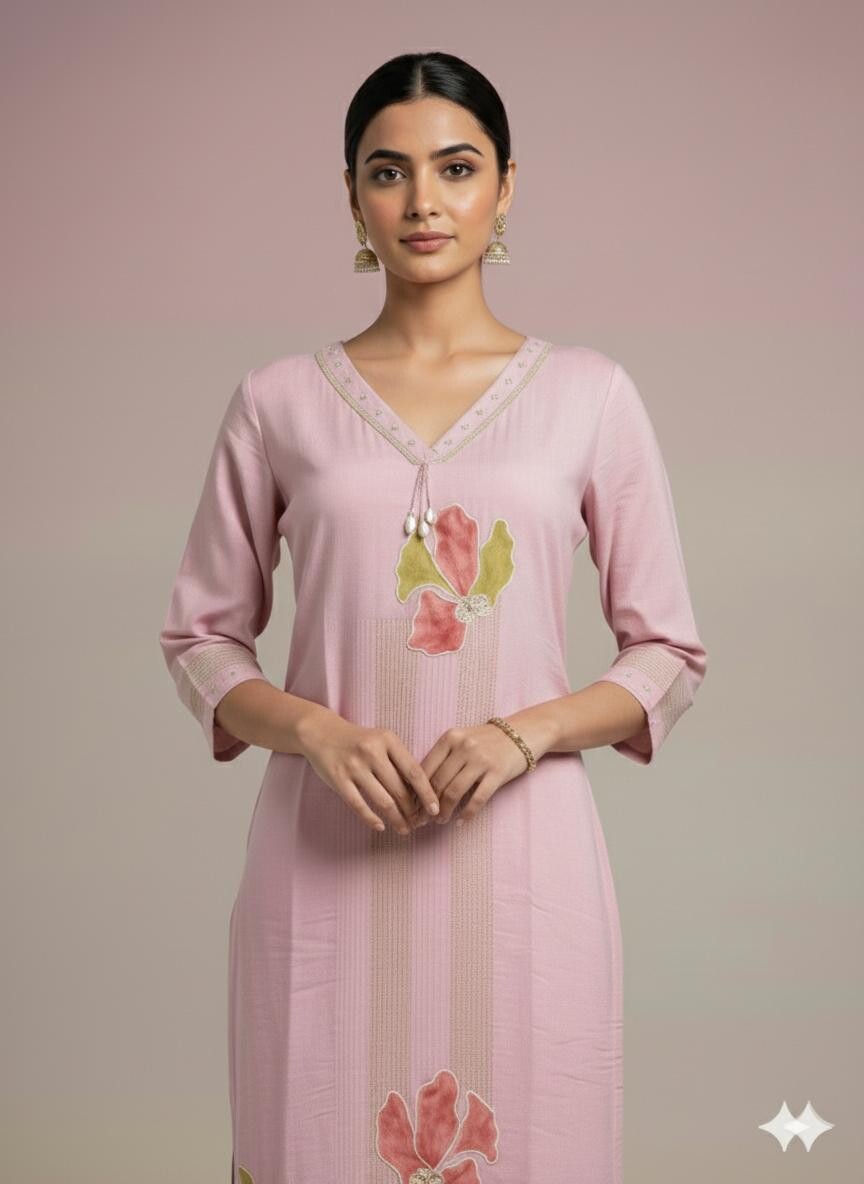 Stright Applique Work V Neck Pair