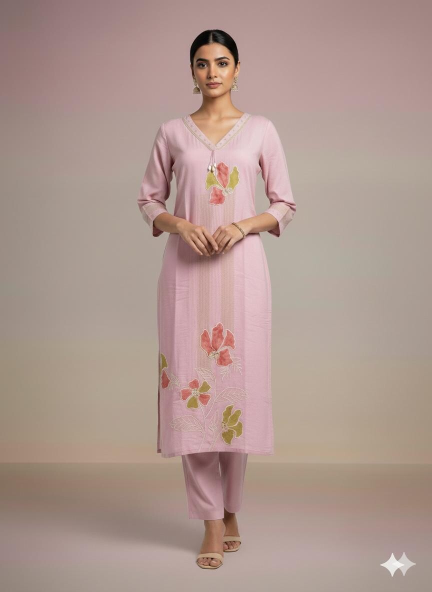 Stright Applique Work V Neck Pair