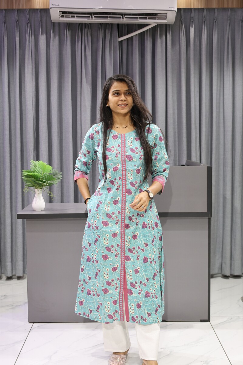 Aline Flower Print Kurti Sky