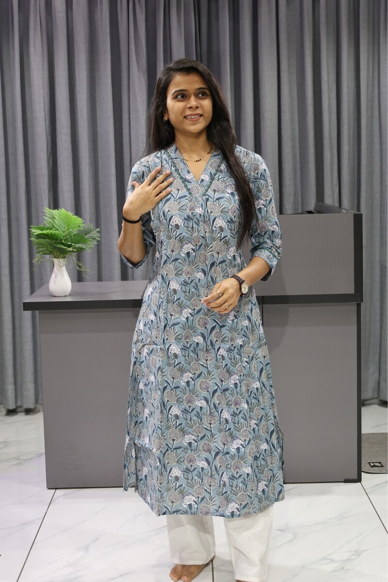 V Neck Block Print Kurti