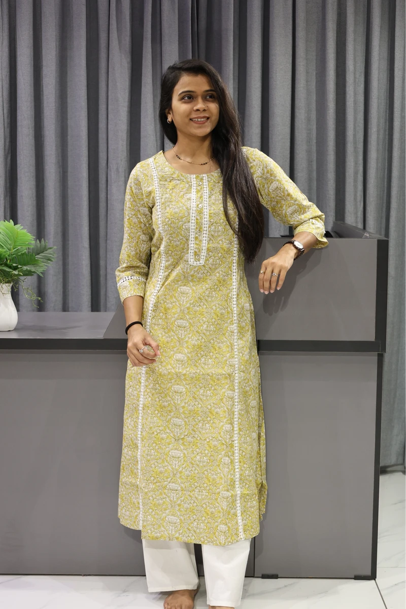 Yellow Printed A Line Kurti