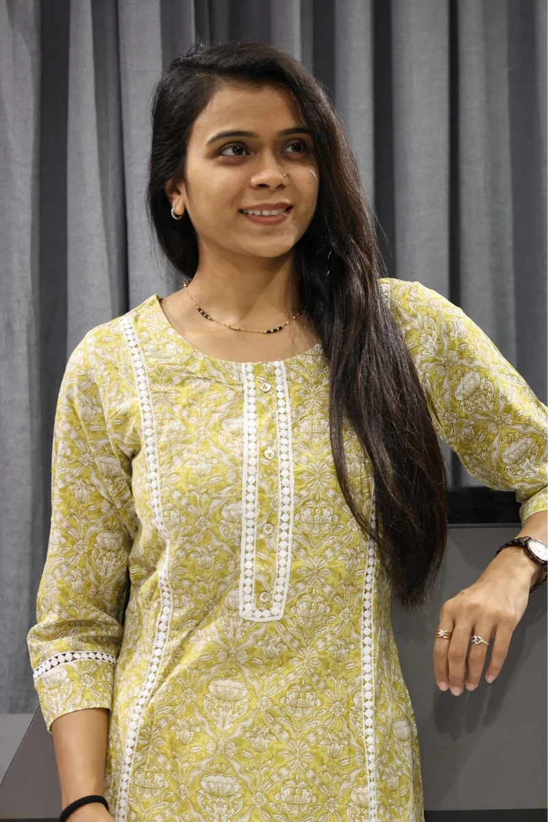 Yellow Printed A Line Kurti