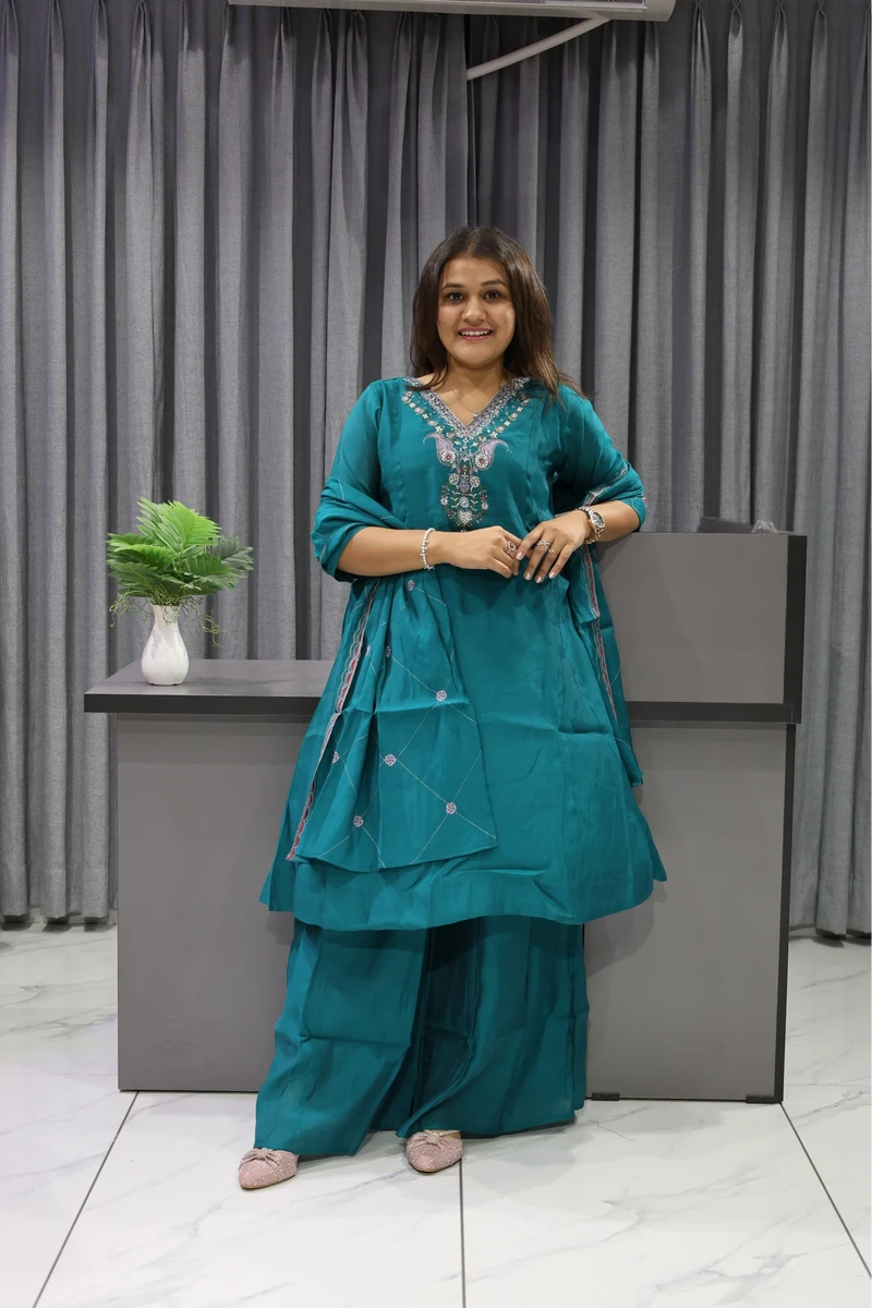 V Neck Mirror Work Short Plaza Pair