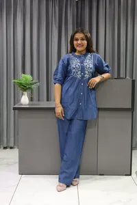 Denim Cord Set Neck Work